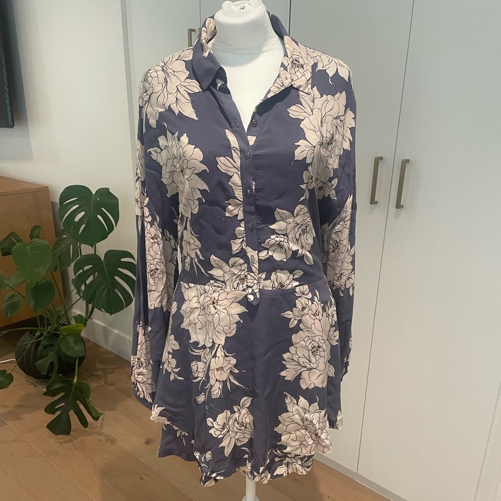 Free People Floral Button-Down Dress in Navy and Cream